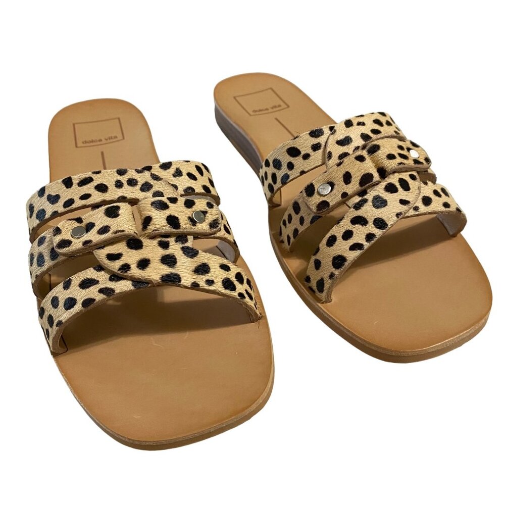 Dolce Vita CAIT Genuine Haircalf Square Toe Wedge Slide Sandals Size 9.5 Leopard